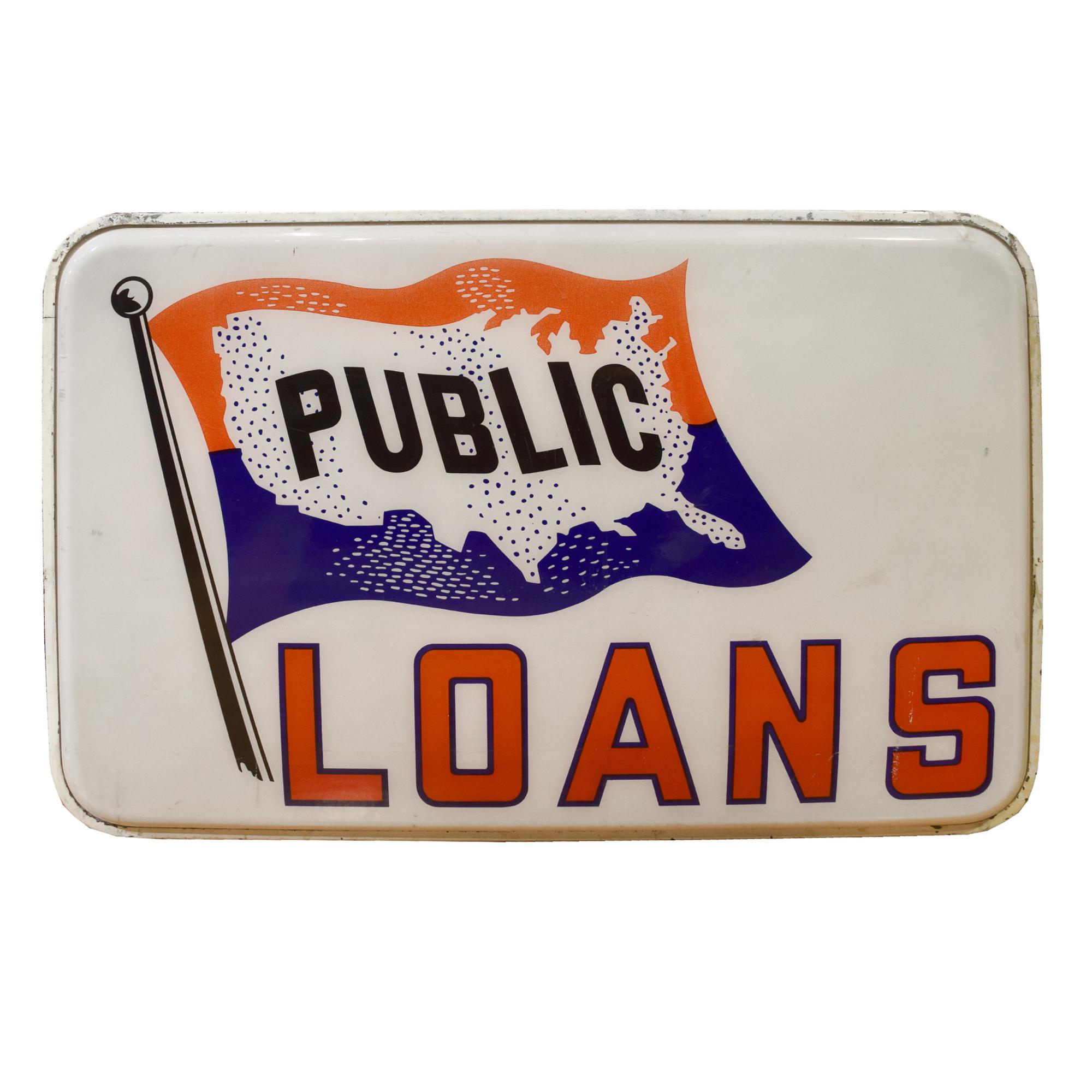 A Metal and Plexiglass Public Loans Light-Up Sign 38" W x 7" D x 24.5" H — United States, Mid-20th Century