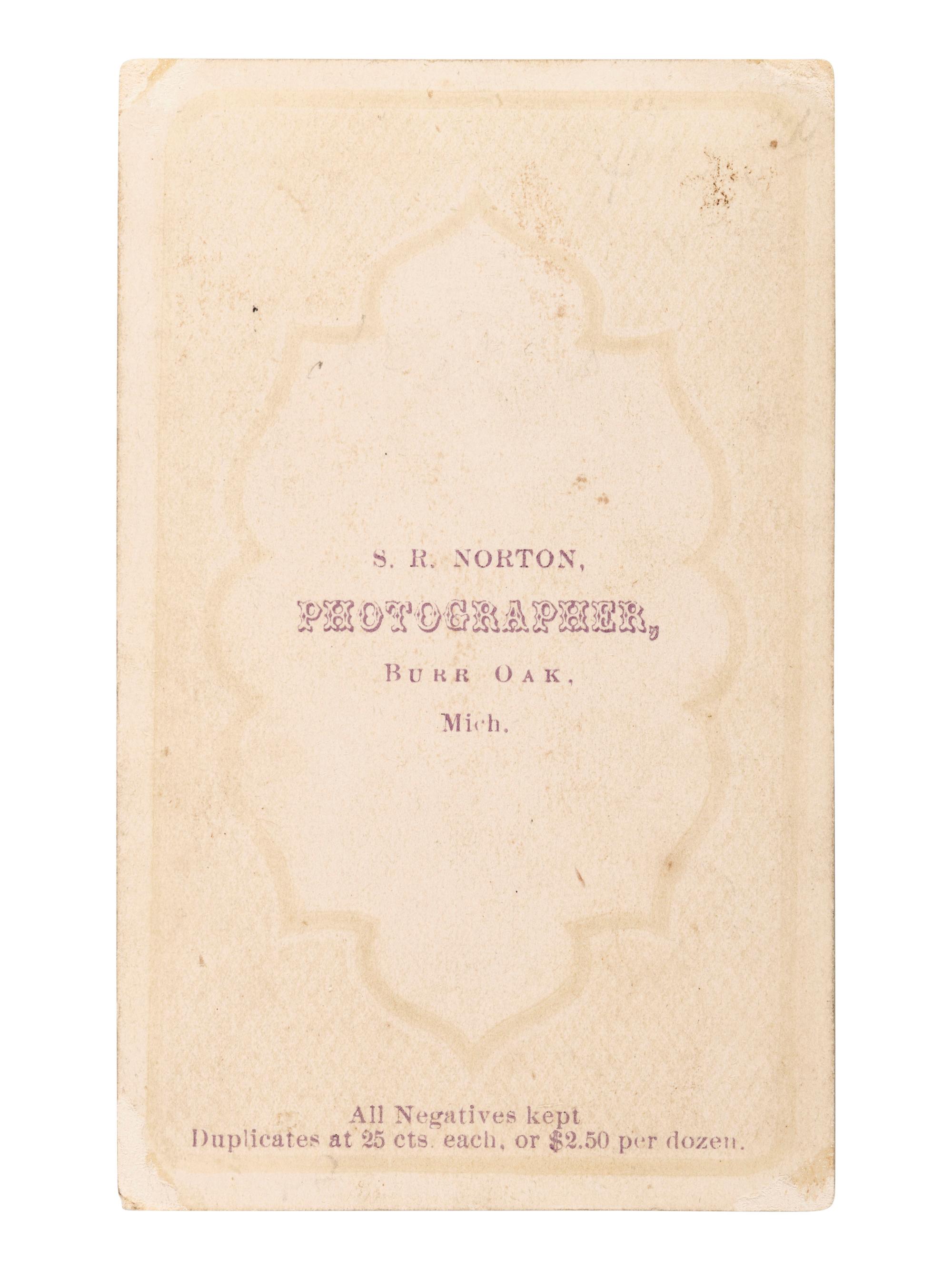 [CUSTER, George A. (1809-1876)]. CDV portrait after an engraving. Burr Oak, MI: S. R. Norton, n.d.