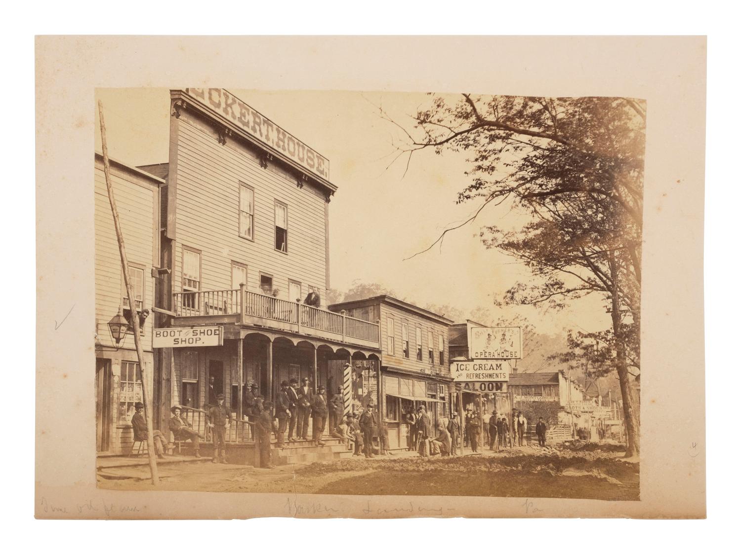 Pennsylvania A pair of albumen photographs of Western Pennsylvania oil region towns, incl. view of Main Street in Parker's Landing. Ca 1880.