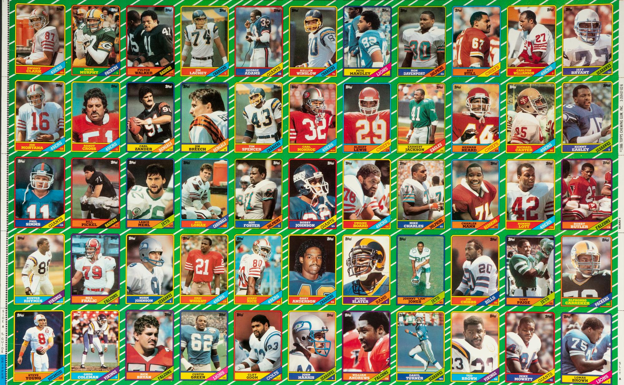 An Uncut Sheet of 1986 Topps Football Cards Featuring Jerry Rice and Steve Young Rookie Cards