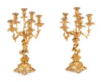A Pair of Louis XV Style Gilt Bronze Six-Light Candelabra