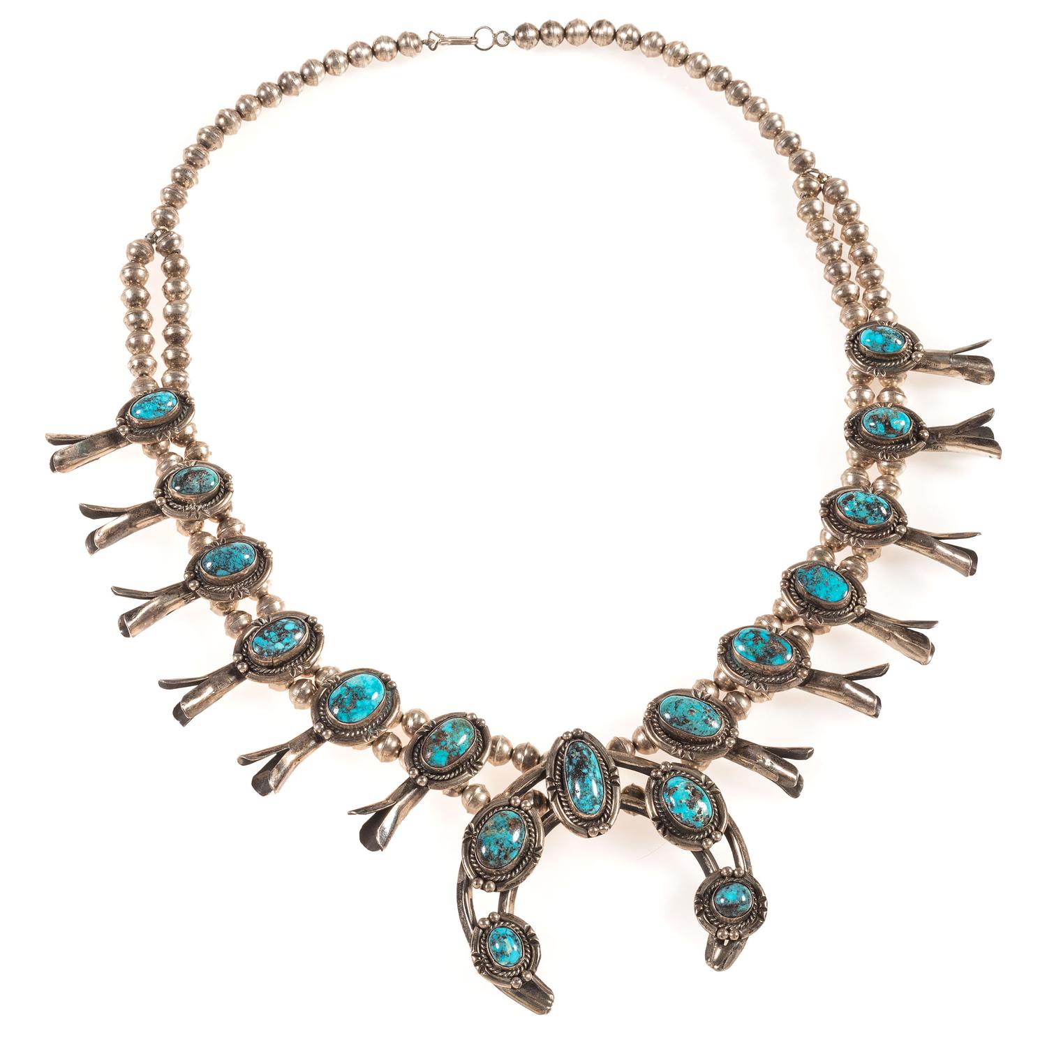 Navajo Silver and Turquoise Squash Blossom Necklace