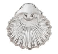 An American Silver Dish, Fisher Silversmiths, Newark, NJ, Mid-20th Century, formed as a shell and raised on three scroll supports.