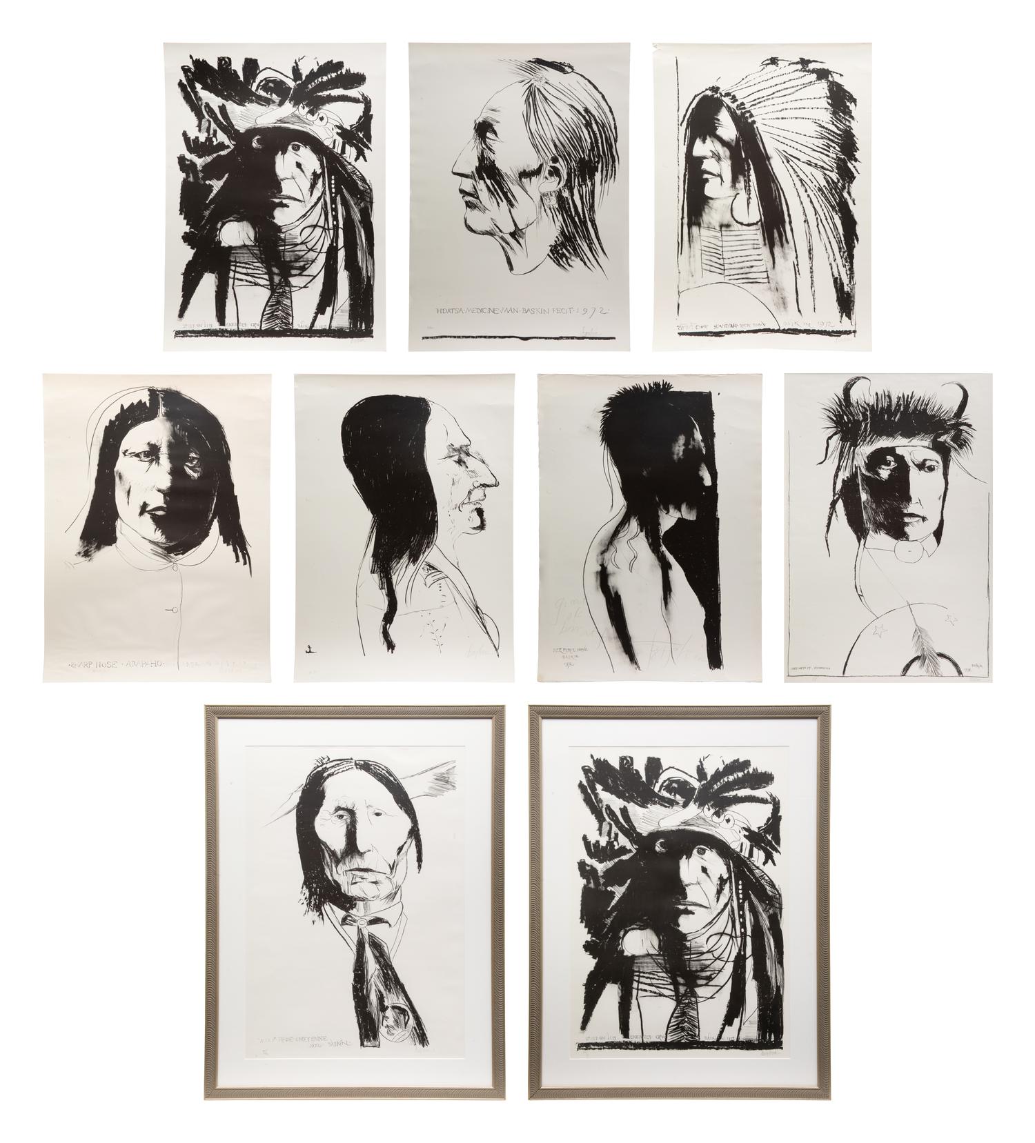 A Group of 9 Works: Chief Wets It; Hidatsa Medicine Man; Sharp Nose; Sitting Bull, Spies on His Enemies; Swift Dog; Wlf Robe; Nez Perce; Spies on His Enemies , each edition of 160