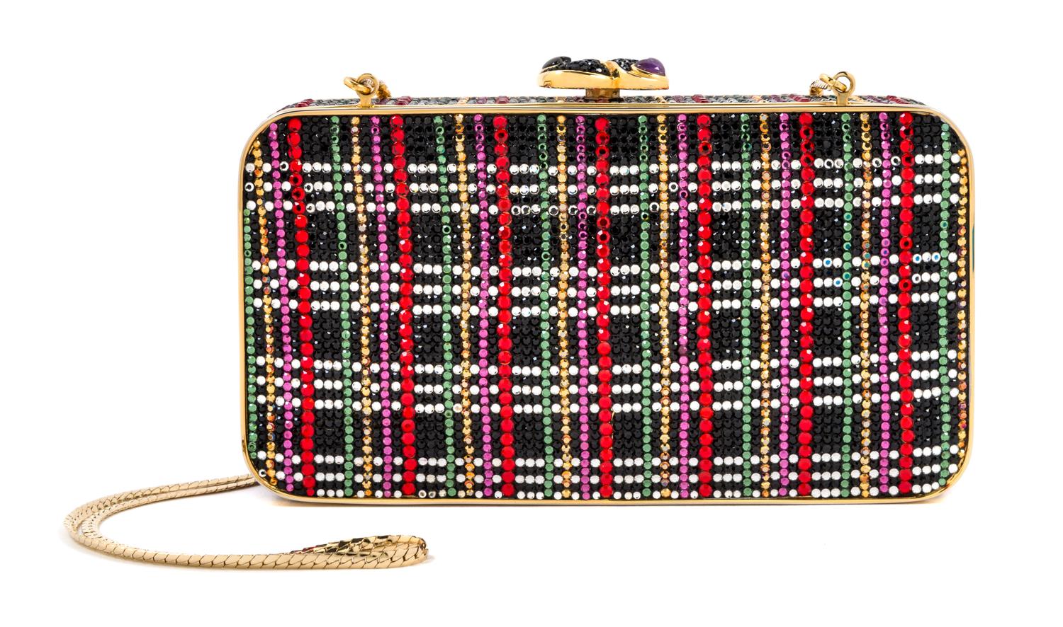 A Judith Leiber Oblong Multicolor Plaid Minaudiere, 6.5" x 3.5" x 1.25"; Strap drop: 20".