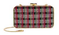 A Judith Leiber Oblong Multicolor Plaid Minaudiere, 6.5" x 3.5" x 1.25"; Strap drop: 20".