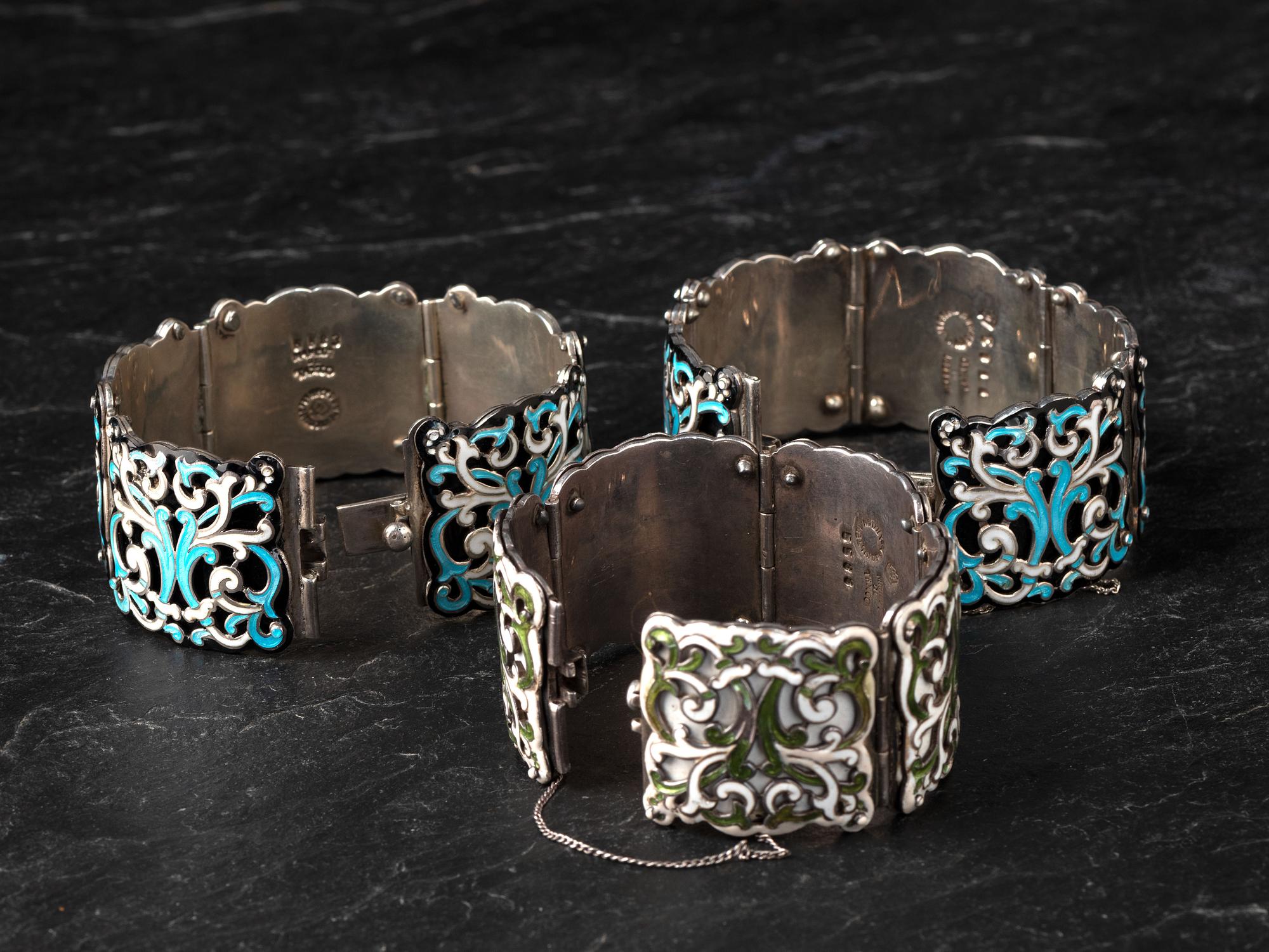 Three Taxco Sterling Silver and Enamel Link Bracelets,1955-1978