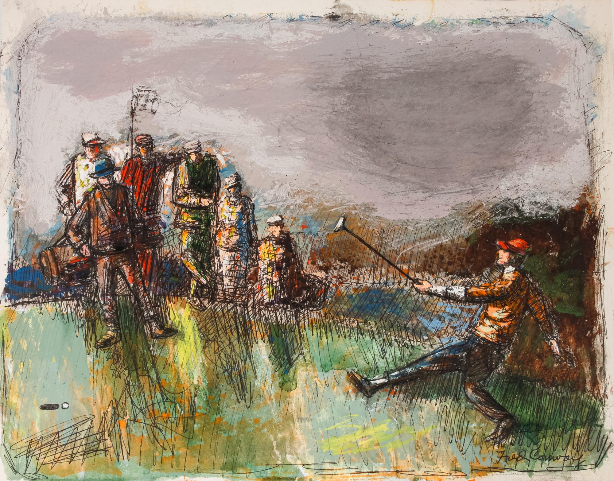 Four works: 19th Hole, 1971; Untitled (Golf Scene); Untitled (Golfers Under Tree); and Golfers ABC , 1964