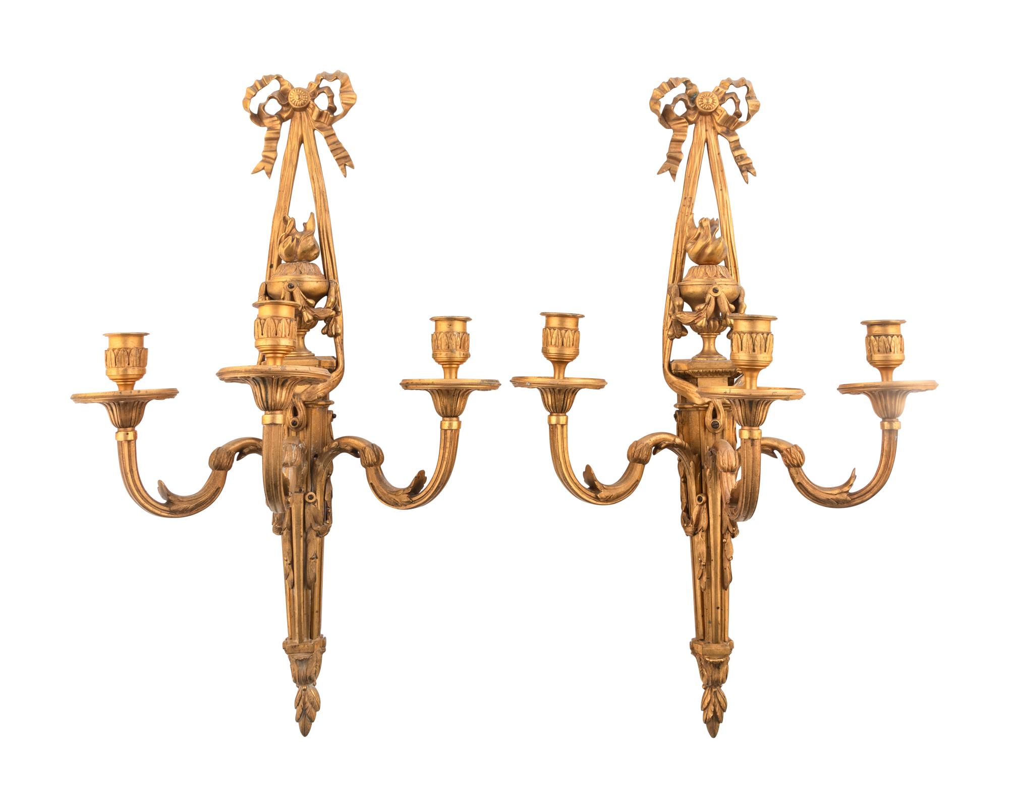 A Pair of Louis XVI Style Gilt Bronze Three-Light Sconces