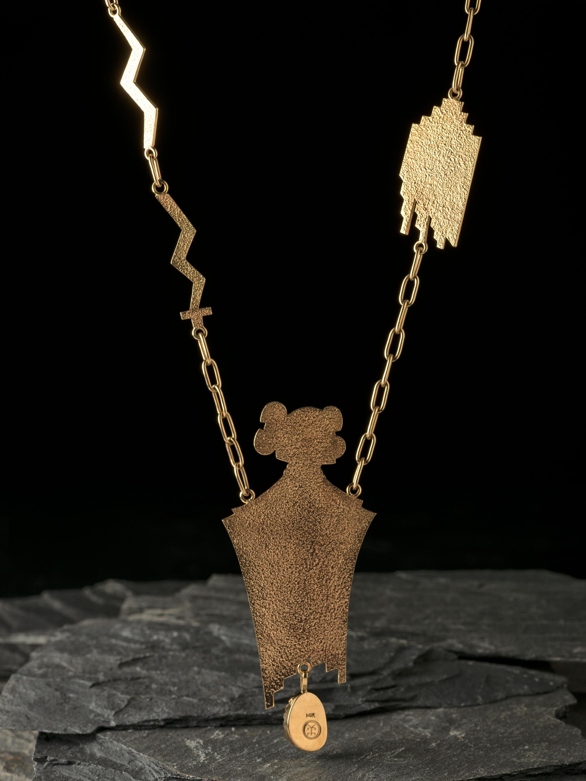 14K Gold Tufa Cast Necklace, with Turquoise and Coral Inlay