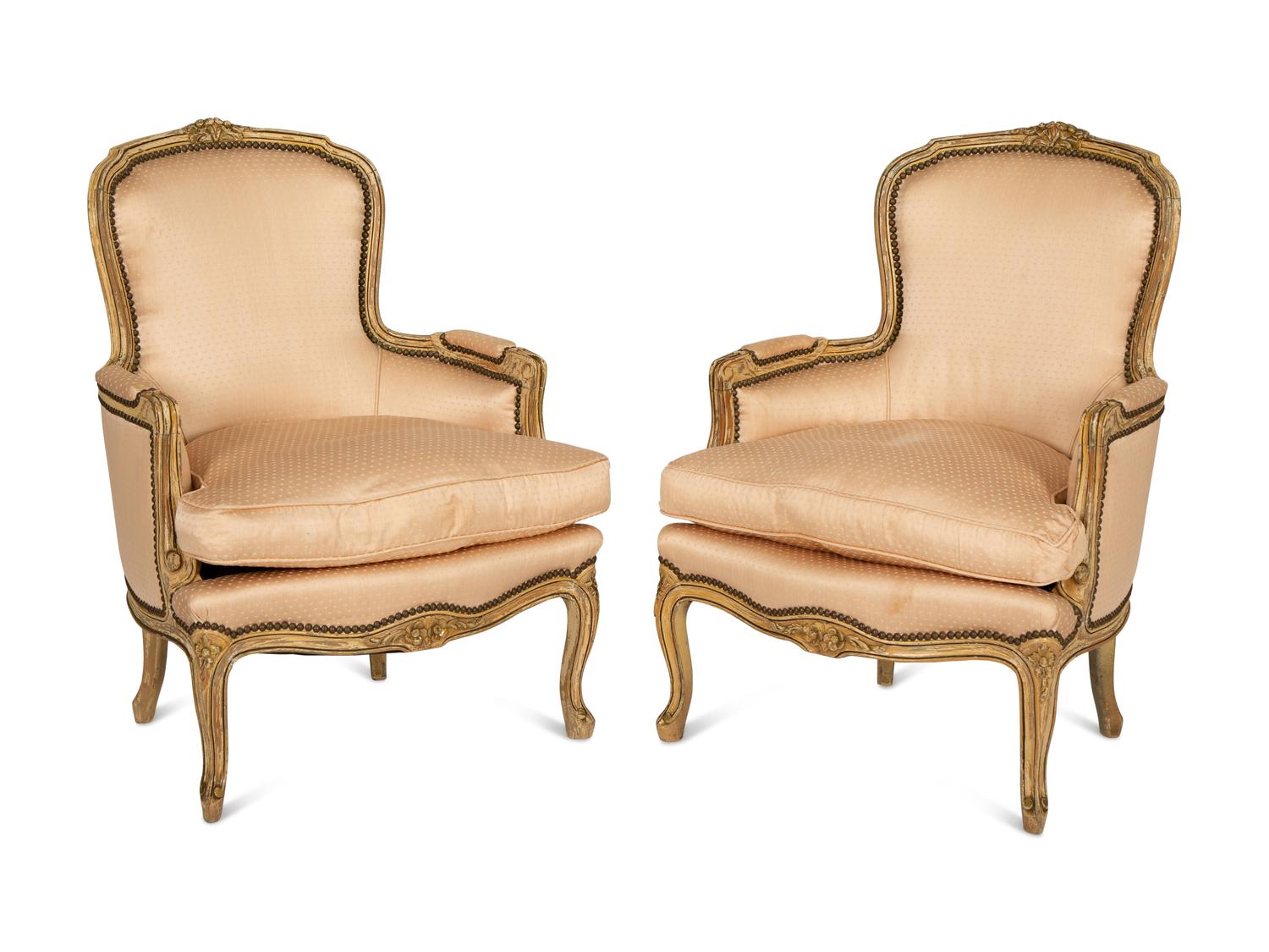 A Pair of Louis XV Style Carved and Painted Bergères — 19th/20th Century
