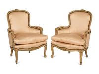 A Pair of Louis XV Style Carved and Painted Bergères — 19th/20th Century
