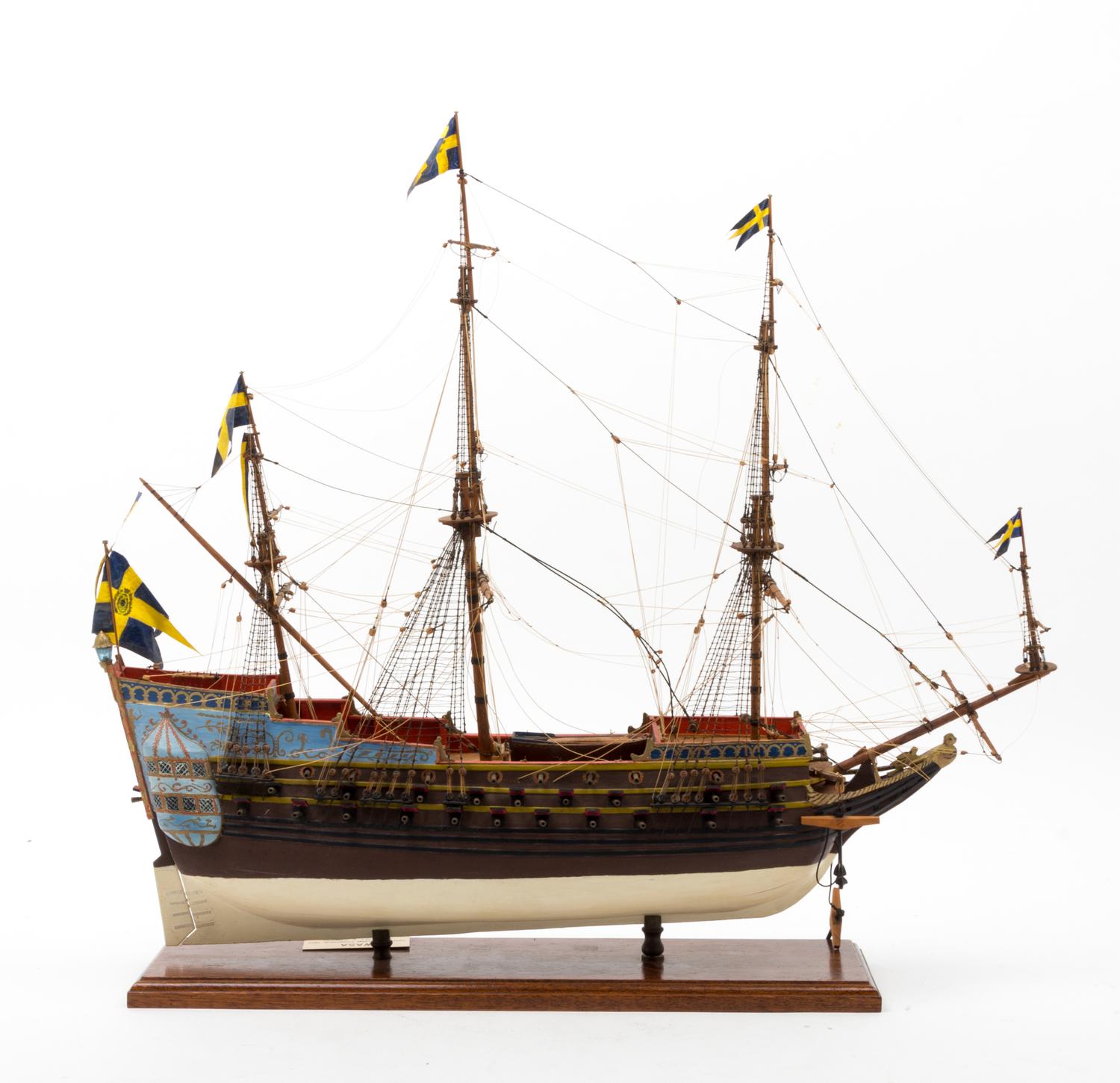 A Wood Model of a Gustavian Galleon Height 24 x width 25 1/2 inches.
