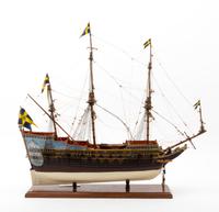 A Wood Model of a Gustavian Galleon Height 24 x width 25 1/2 inches.