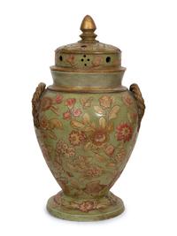 A Continental Green Glazed Ceramic and Canvas Appliqué Vase Garniture
