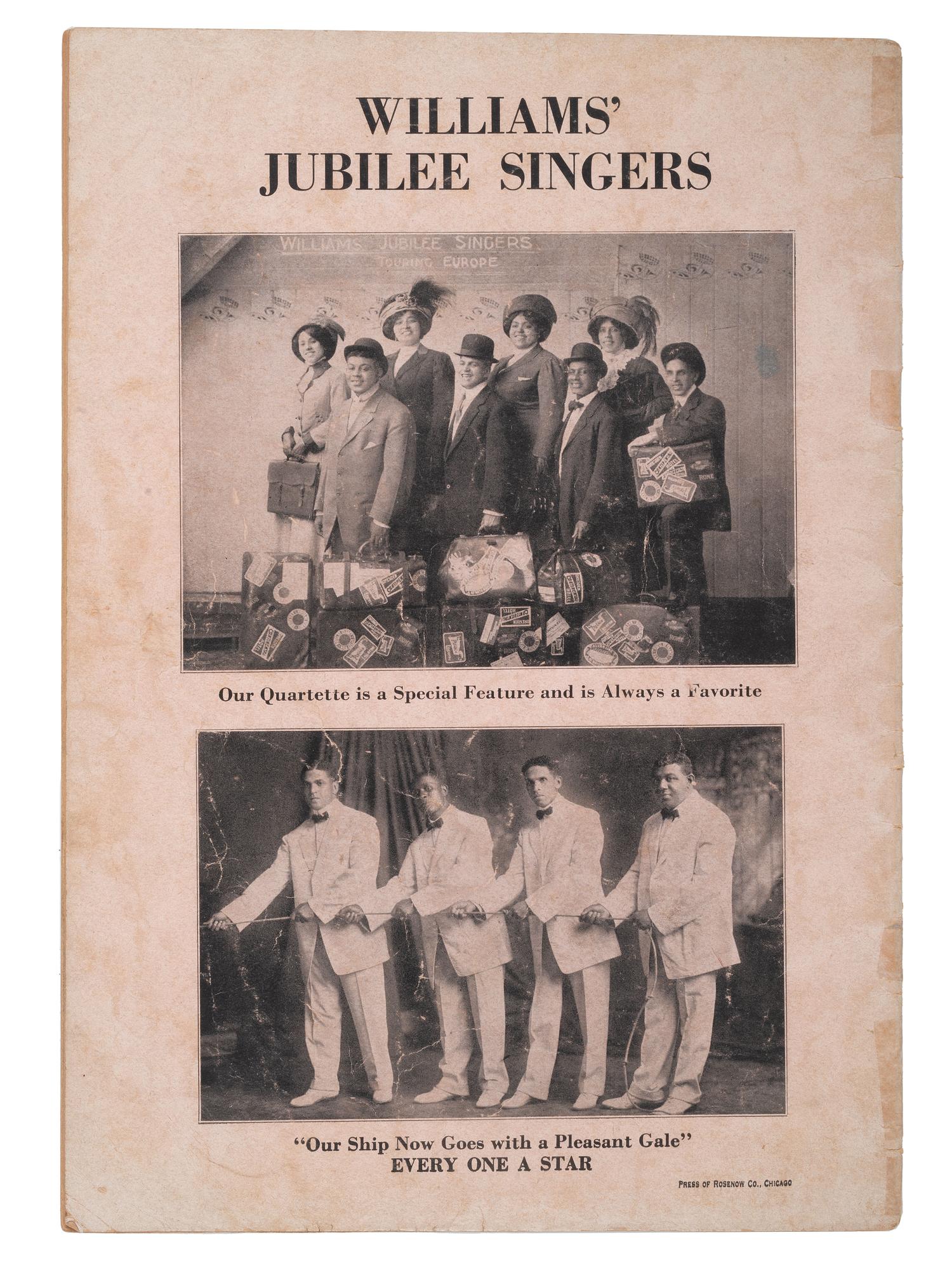[MUSIC]. A group of 6 items associated with African American singers and music, highlighted by a Williams' Colored Singers collection of scored music with lyrics.
