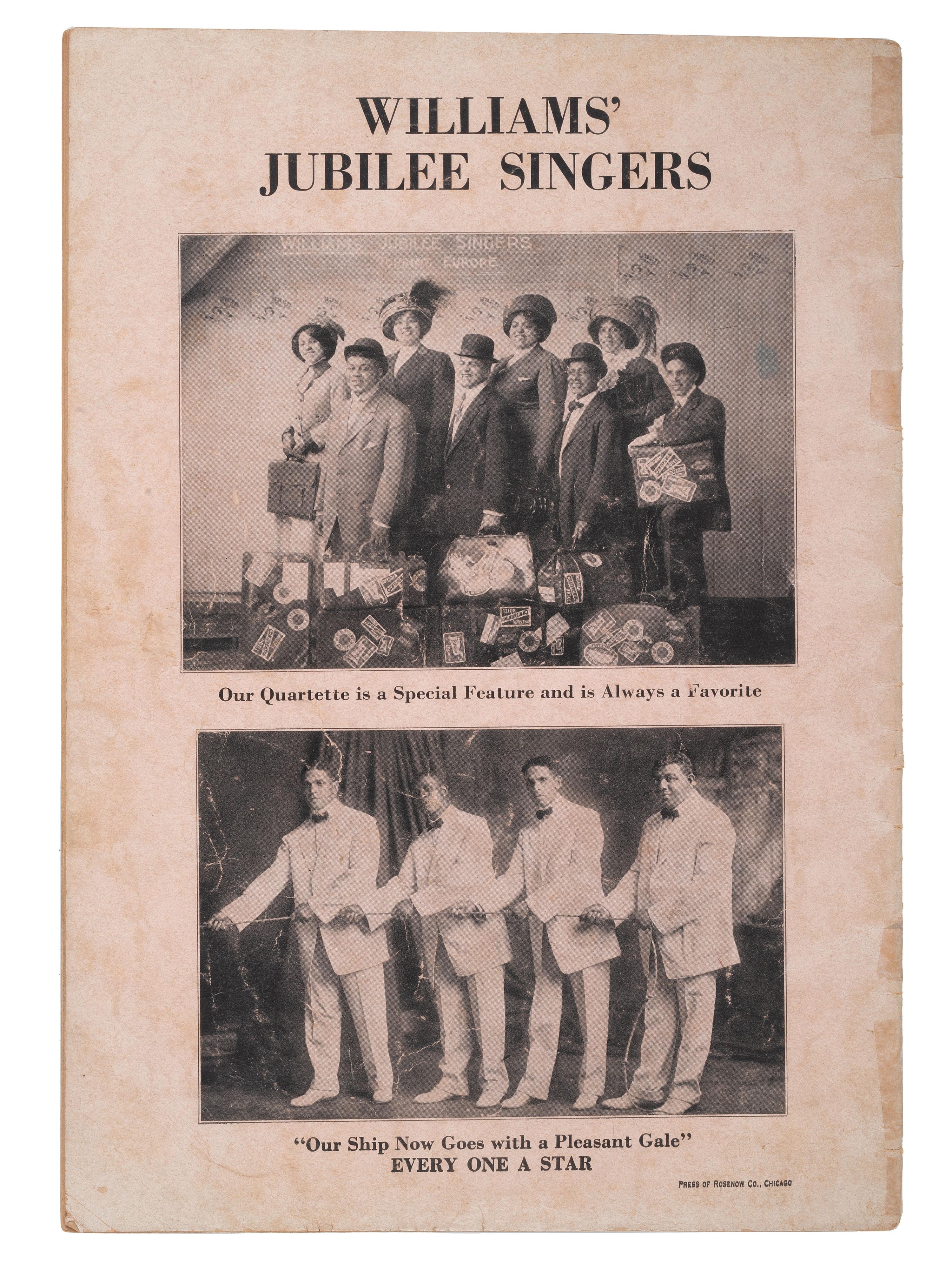 [MUSIC]. A group of 6 items associated with African American singers and music, highlighted by a Williams' Colored Singers collection of scored music with lyrics.