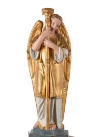 A Pair of Painted and Parcel Gilt Figural Altar Prickets with Associated Gothic Revival Pedestals