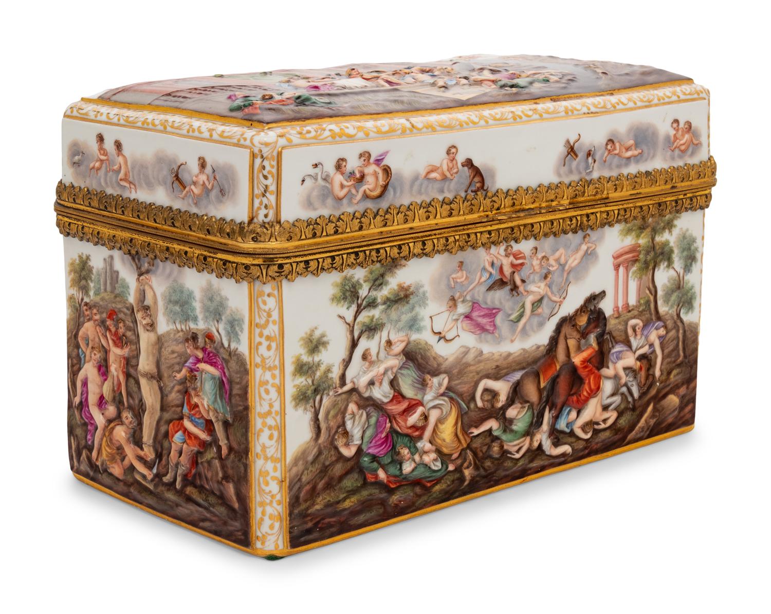 A Gilt Metal Mounted Meissen Porcelain Presentation Table Casket