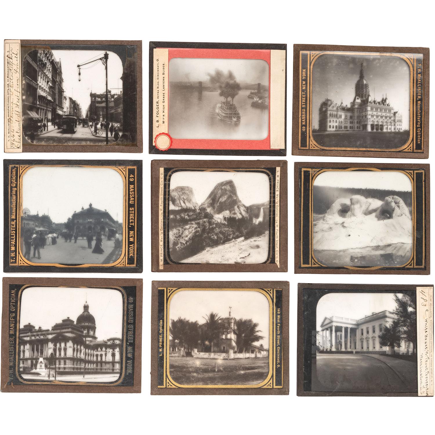 [EARLY PHOTOGRAPHY]. A group of magic lantern travel views in early wooden box, comprising: