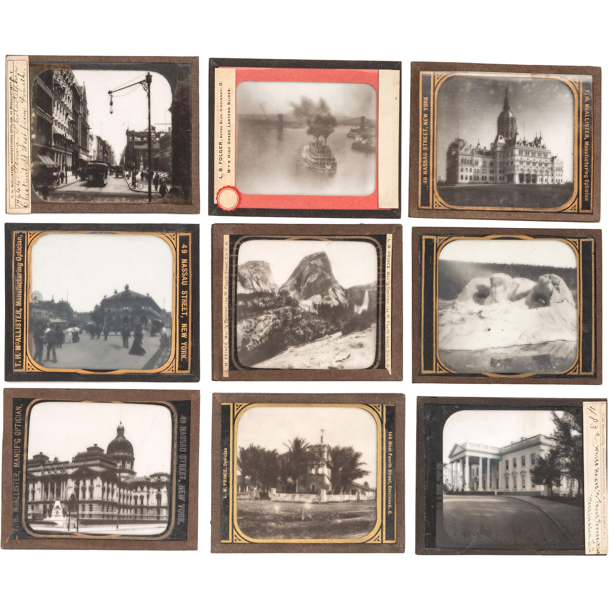 [EARLY PHOTOGRAPHY]. A group of magic lantern travel views in early wooden box, comprising: