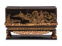 A Chinese Export Lacquer Box or Cache Pot on Associated Stand
