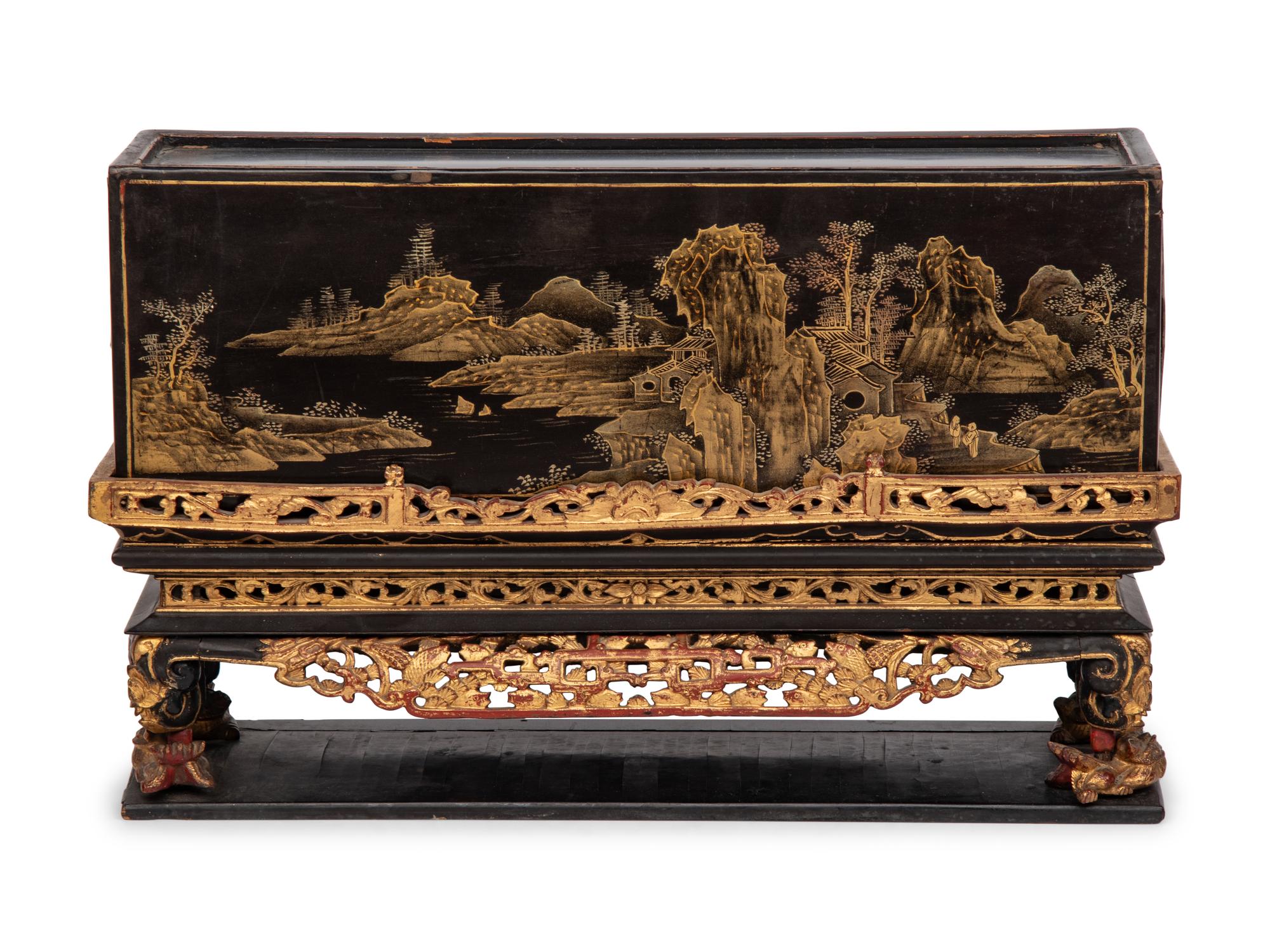 A Chinese Export Lacquer Box or Cache Pot on Associated Stand