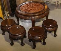 A Chinese Export Carved Wood Low Tea Table. Height 20 x diameter 35 inches.