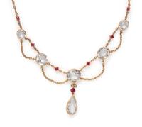 ANTIQUE, YELLOW GOLD, TOPAZ, RUBY AND DIAMOND NECKLACE