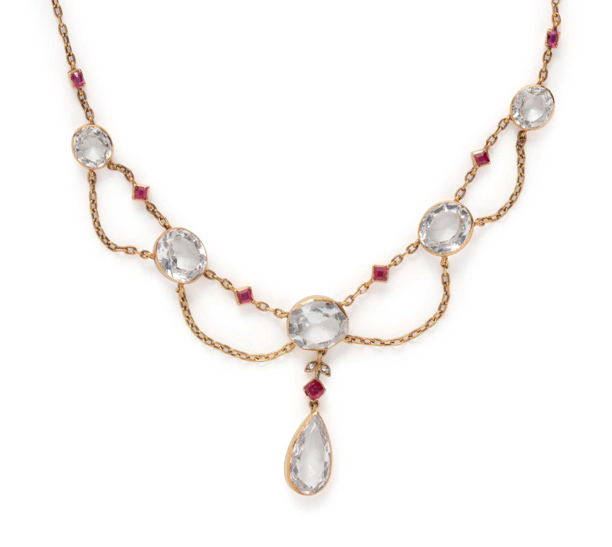 ANTIQUE, YELLOW GOLD, TOPAZ, RUBY AND DIAMOND NECKLACE