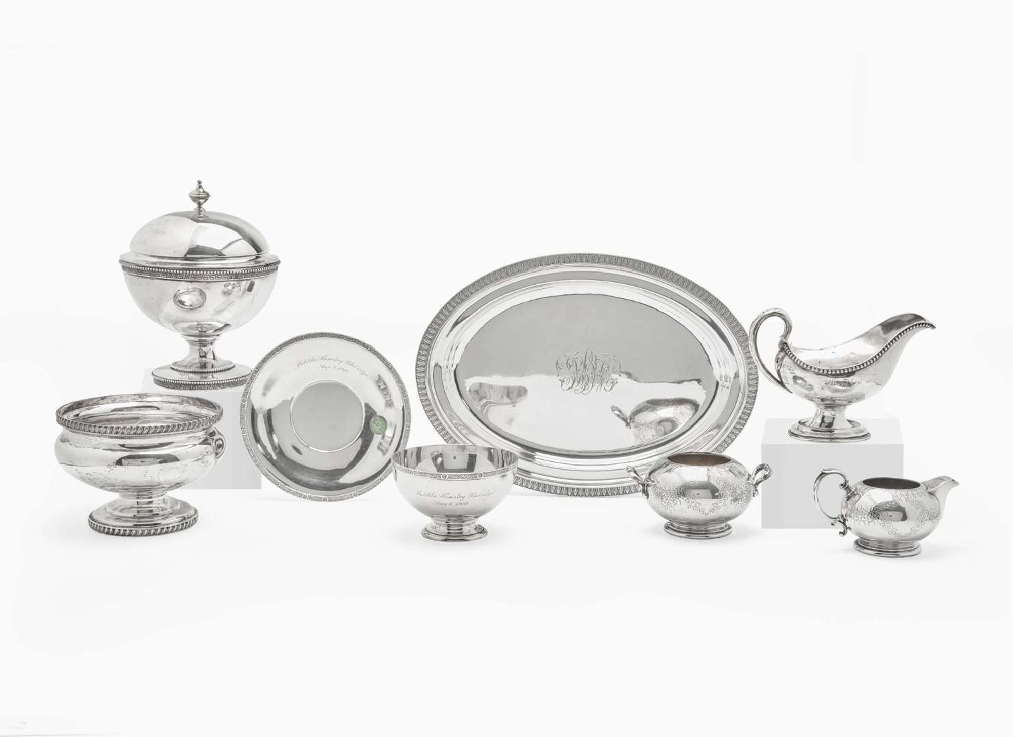 An assembled group of eight sterling silver tablewares, Tiffany & Co., New York, NY, dates ranging 1853-1891