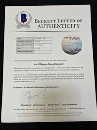 A Joe DiMaggio Single Signed Autograph Baseball (Beckett Authentication Services Letter),