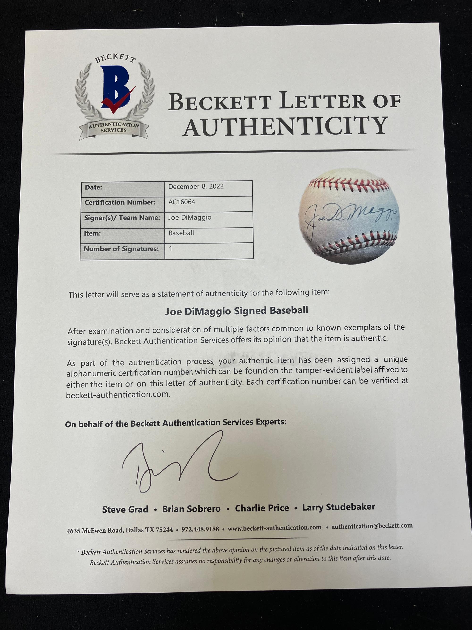 A Joe DiMaggio Single Signed Autograph Baseball (Beckett Authentication Services Letter),