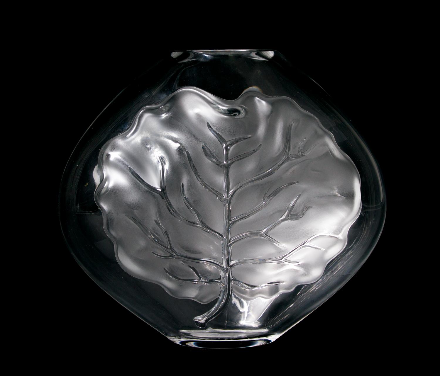 A Lalique Molded and Frosted Glass Vase, Height 8 5/8 inches.