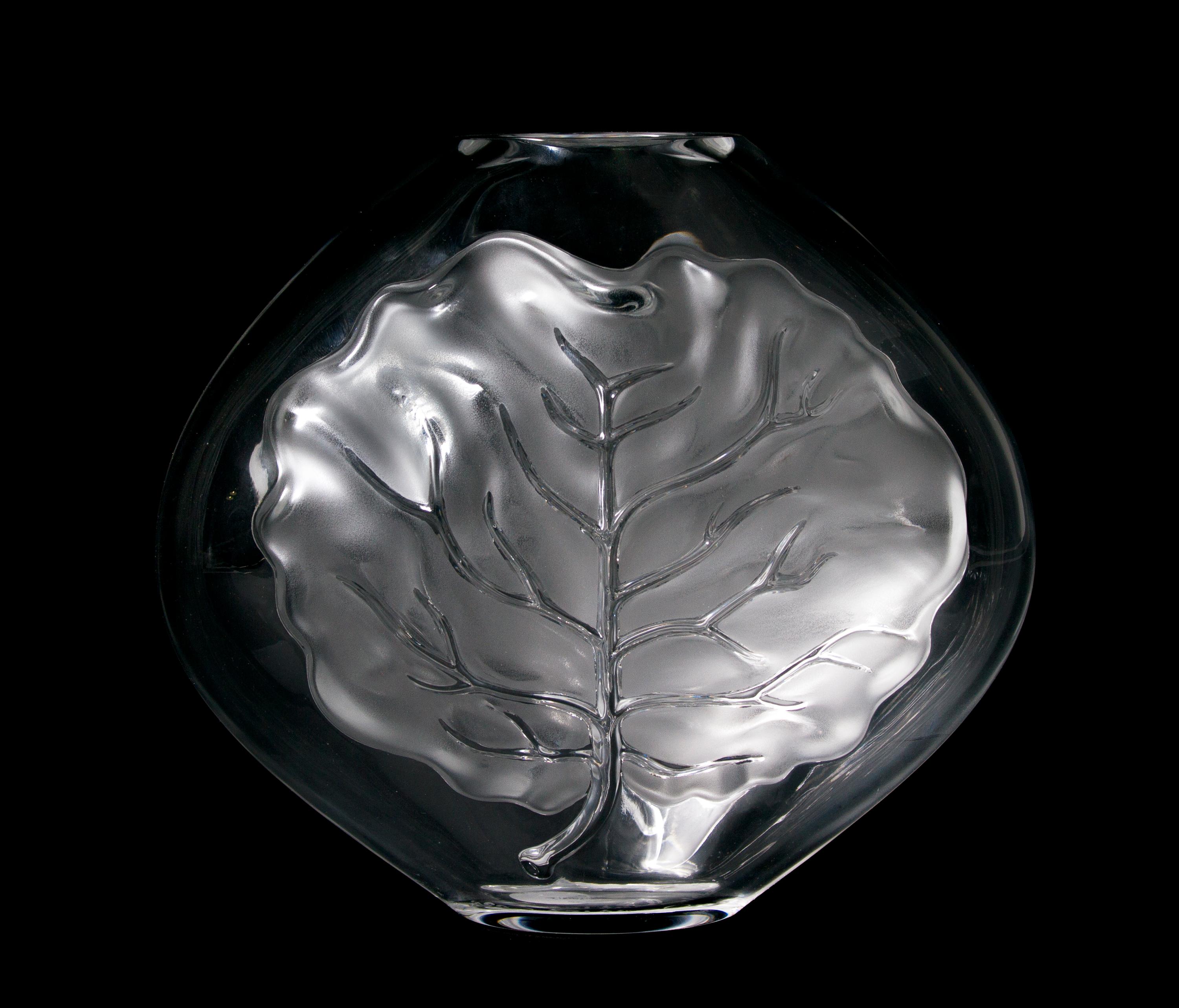 A Lalique Molded and Frosted Glass Vase, Height 8 5/8 inches.