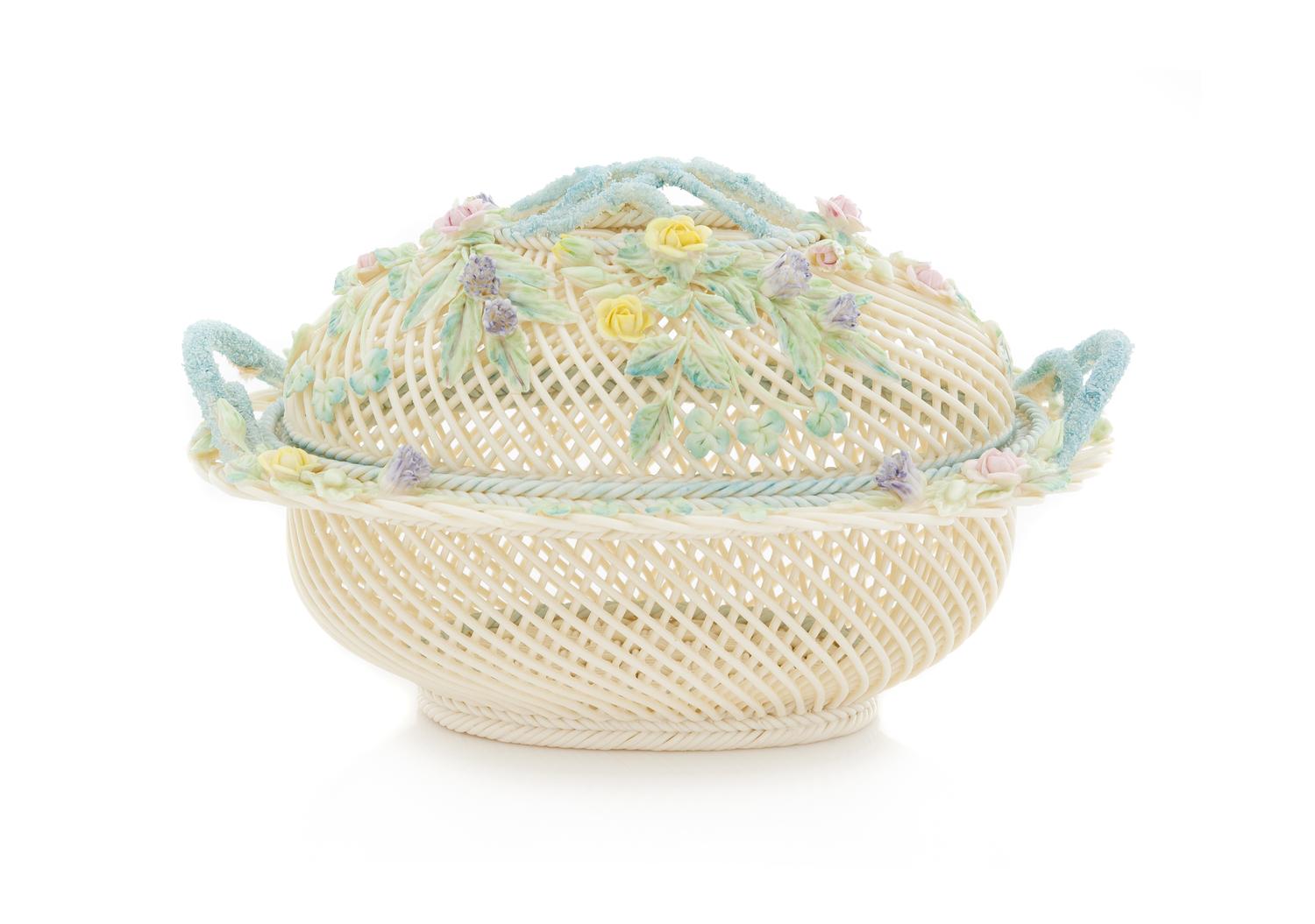 A Belleek Four Strand Covered Basket Width 9 inches. — FIFTH IMPRESSED MARK (1980-1989)