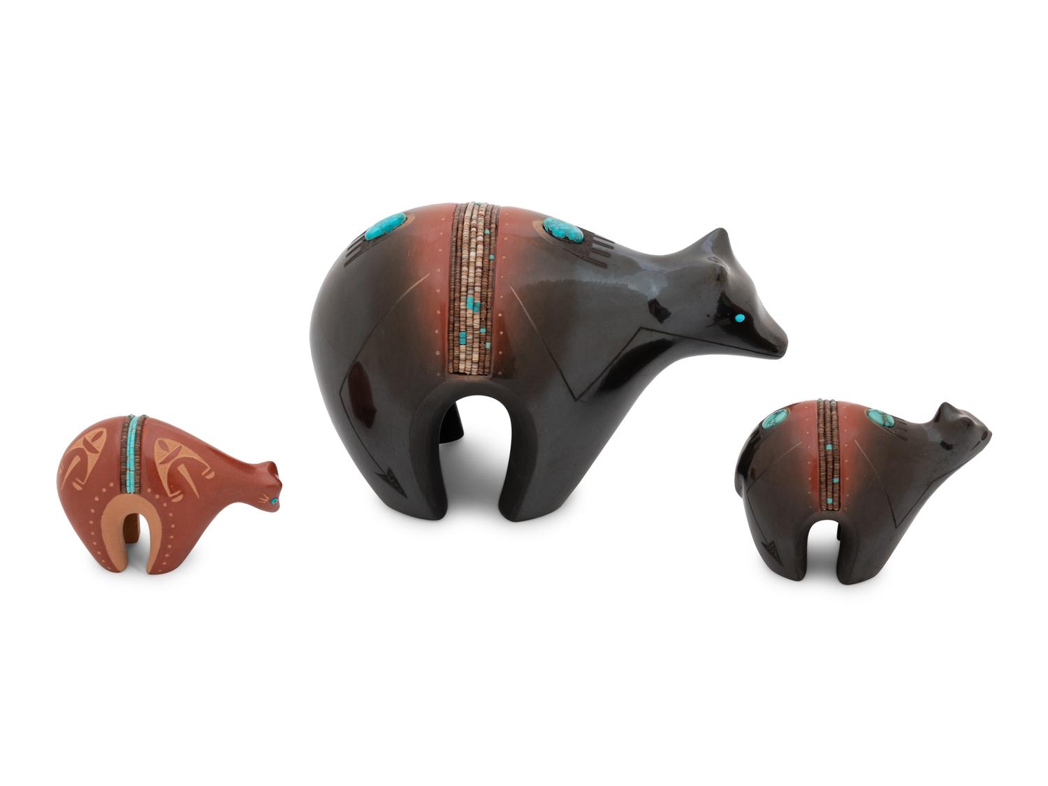 Black and Sienna Pottery Bears, with Turquoise and Heishi