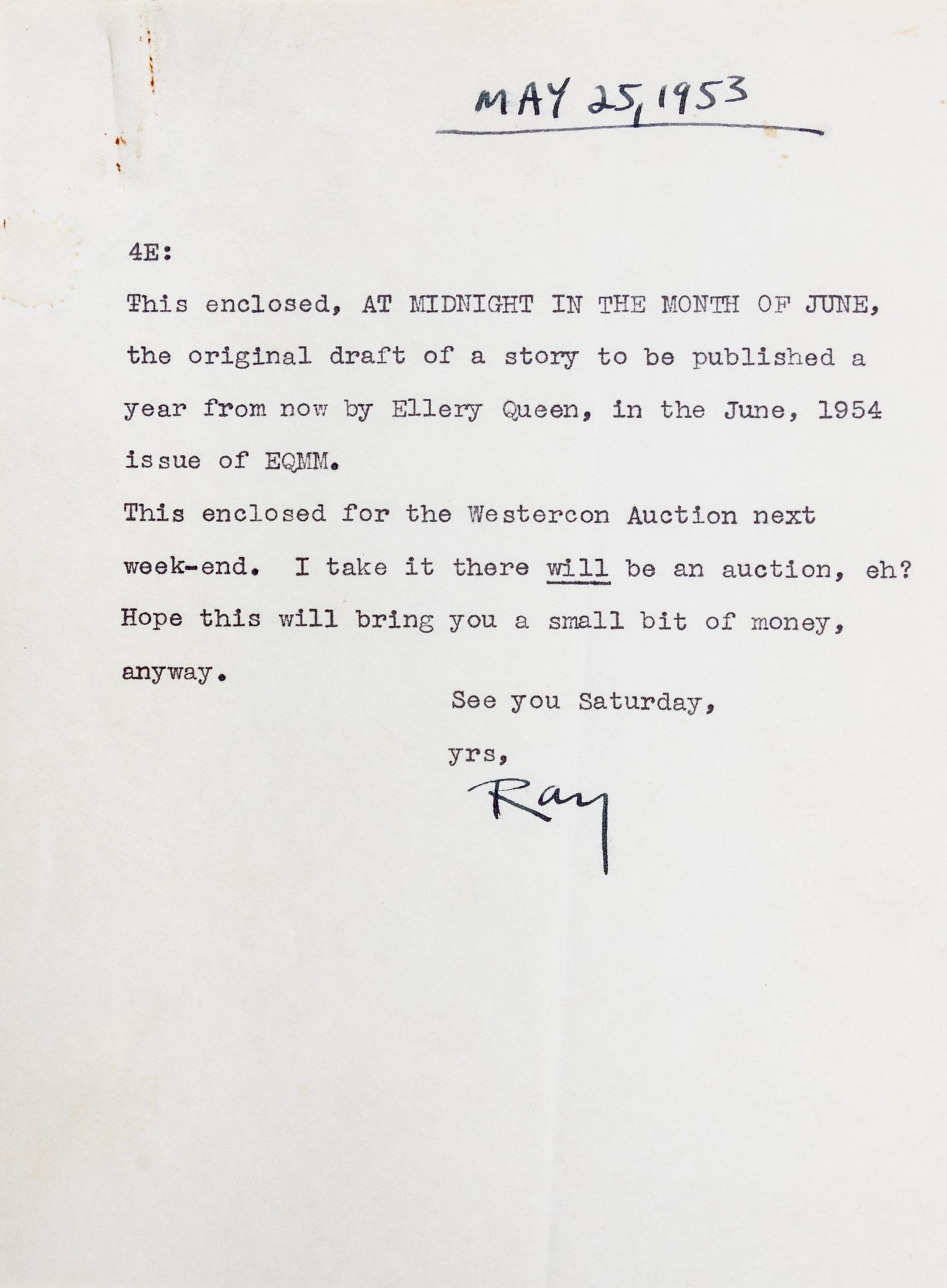 BRADBURY, RAY. At Midnight, in the Month of June, September 1952. Typescript with mss annotations