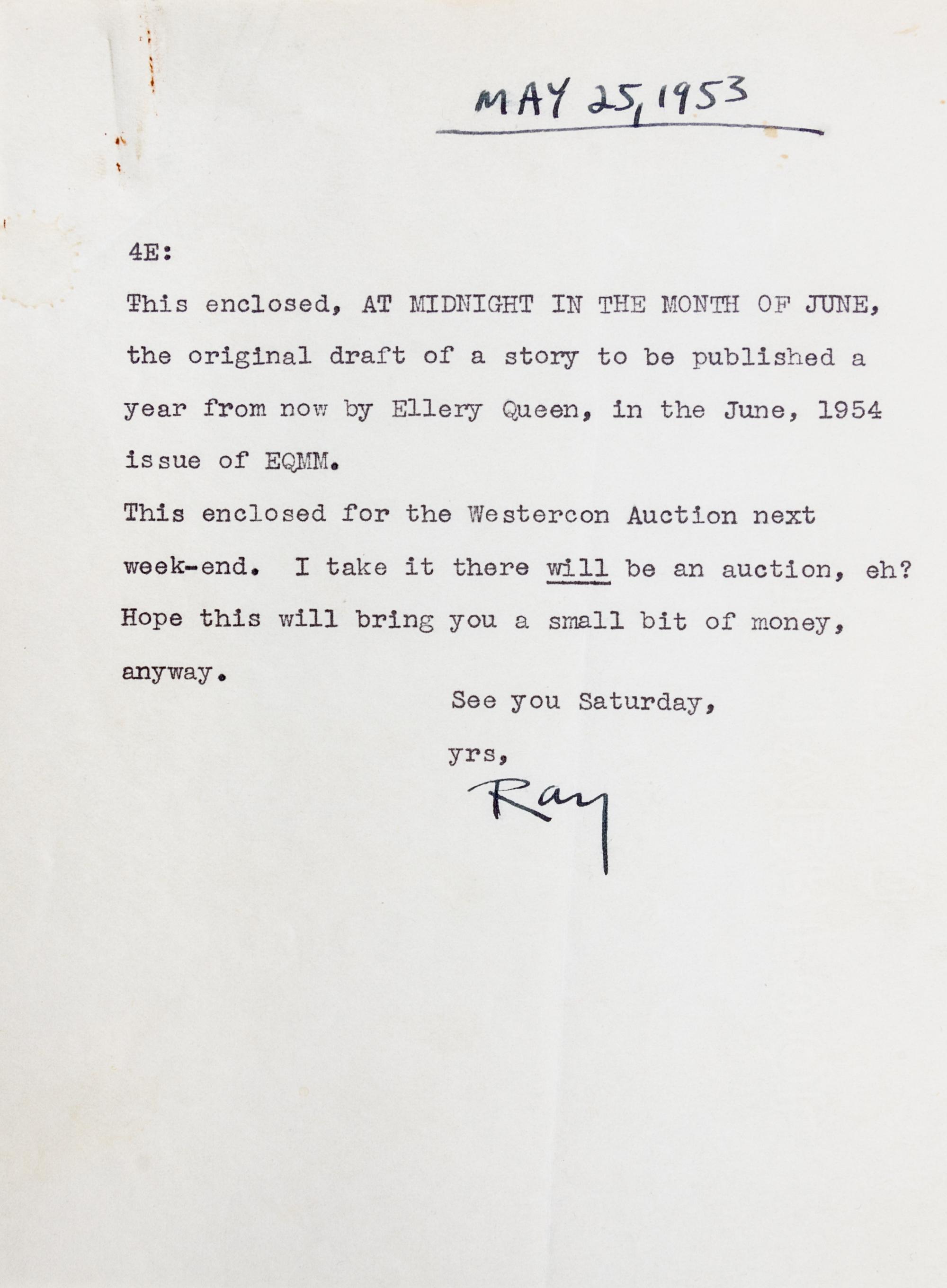 BRADBURY, RAY. At Midnight, in the Month of June, September 1952. Typescript with mss annotations