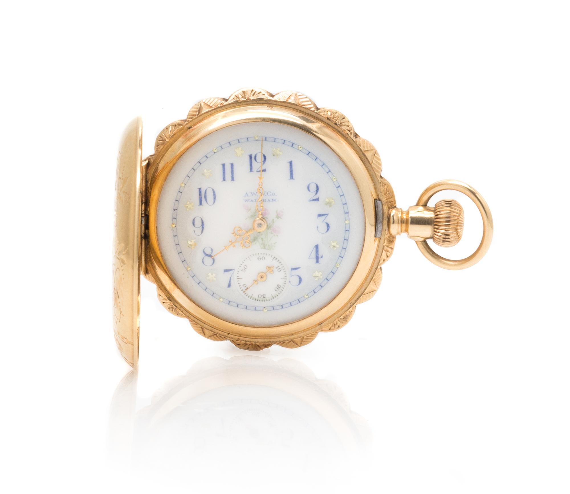 A 14 Karat Yellow Gold Hunter Case Pocket Watch, Waltham, Circa 1895, 34.20 dwts.
