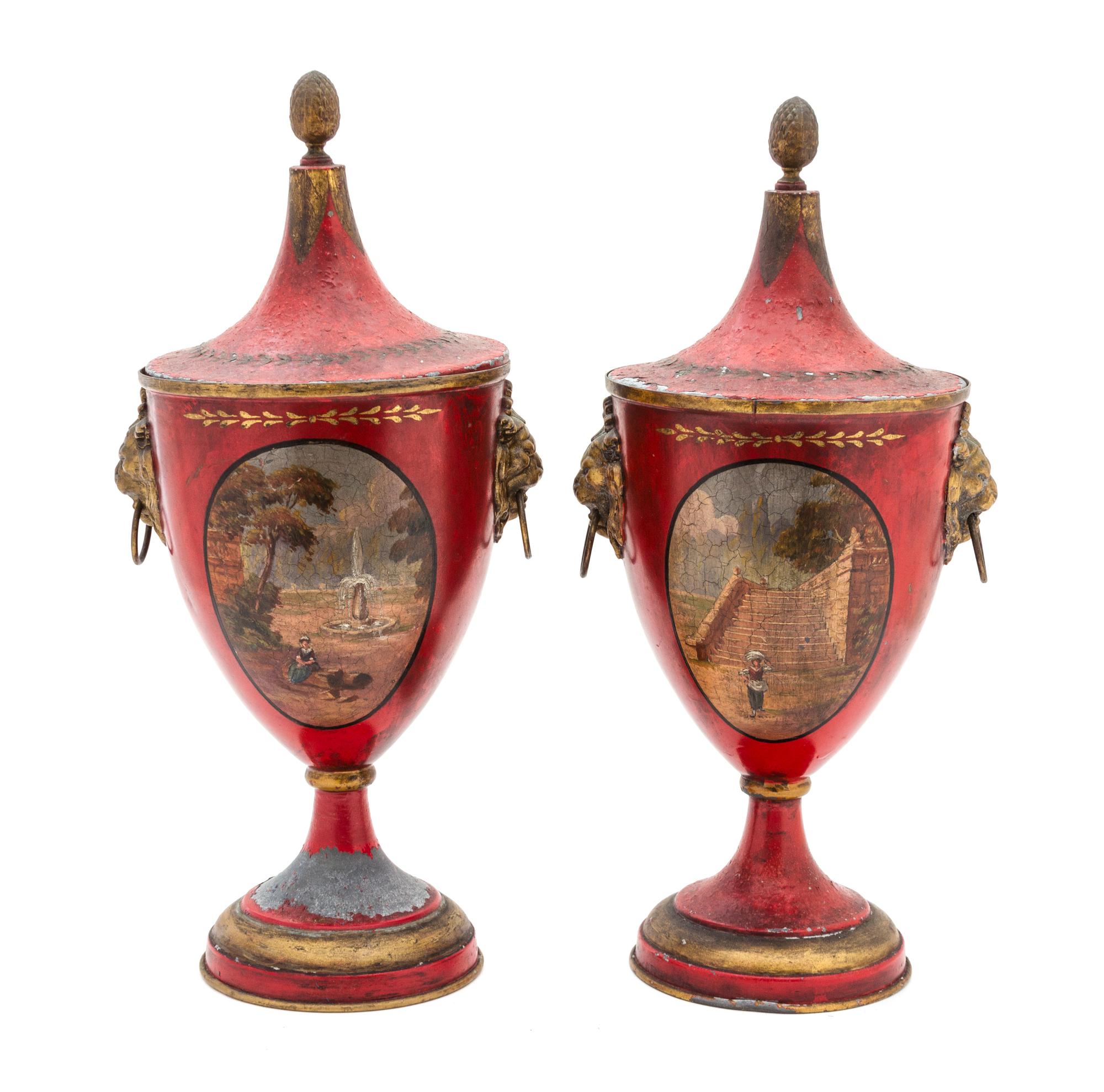 A Pair of Regency Painted Lead Covered Urns Height 15 1/2 inches. — 19TH CENTURY