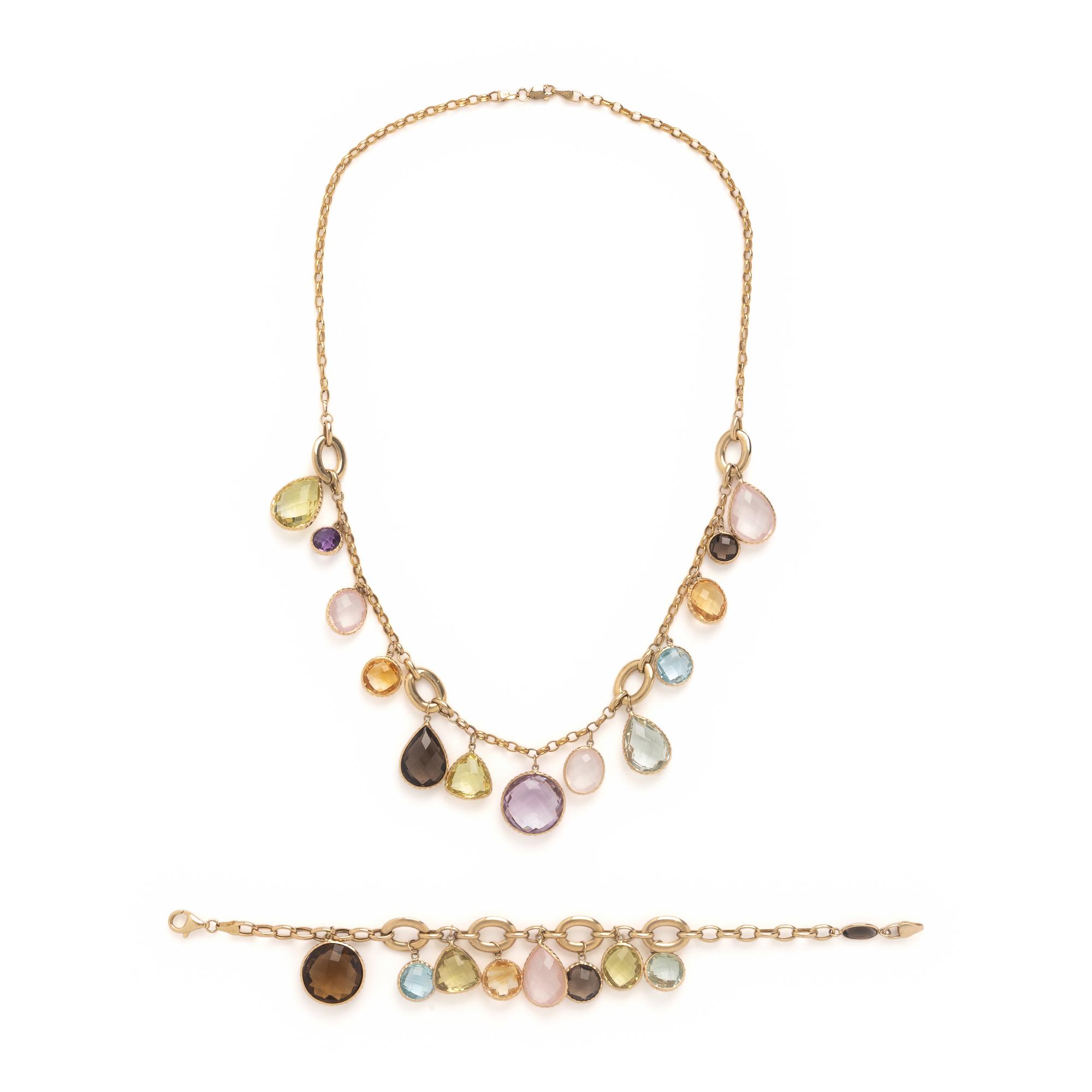 Yellow Gold and Multigem Necklace and Bracelet