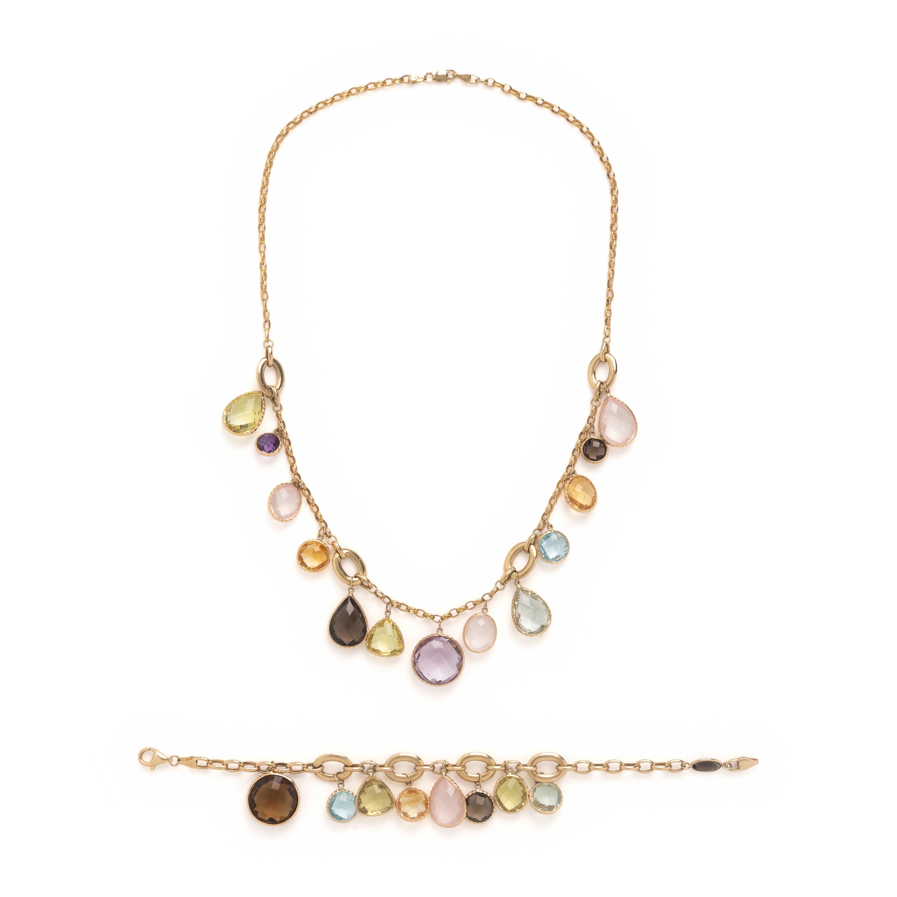 Yellow Gold and Multigem Necklace and Bracelet