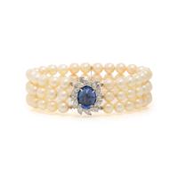 CULTURED PEARL, SYNTHETIC SAPPHIRE AND DIAMOND BRACELET