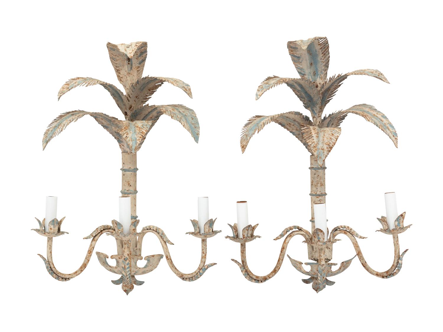 A Pair of Italian Painted Tole Two-Light Sconces