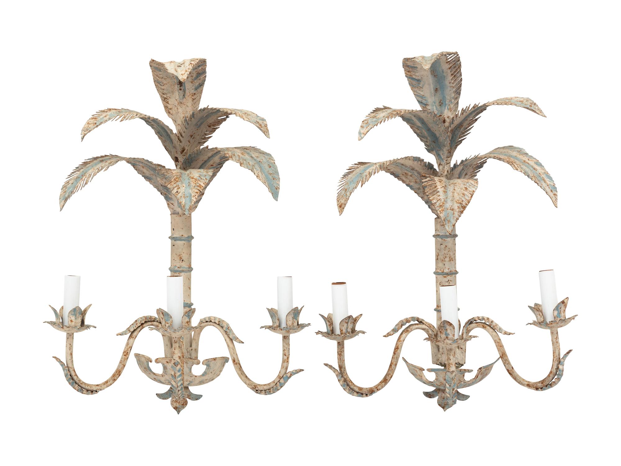A Pair of Italian Painted Tole Two-Light Sconces