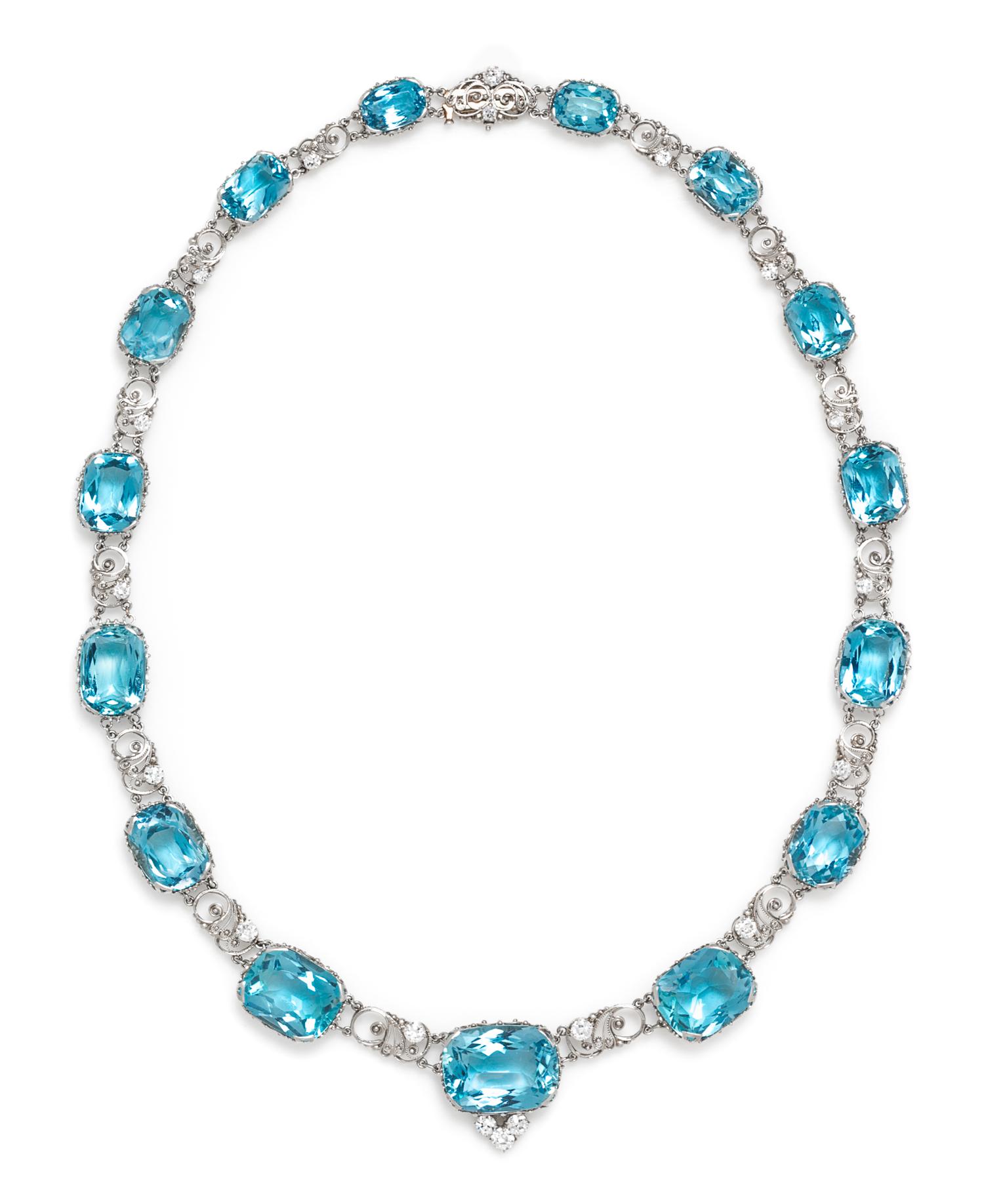 An Important Platinum, Aquamarine and Diamond Necklace, Tiffany & Co., Circa 1915, 55.90 dwts.