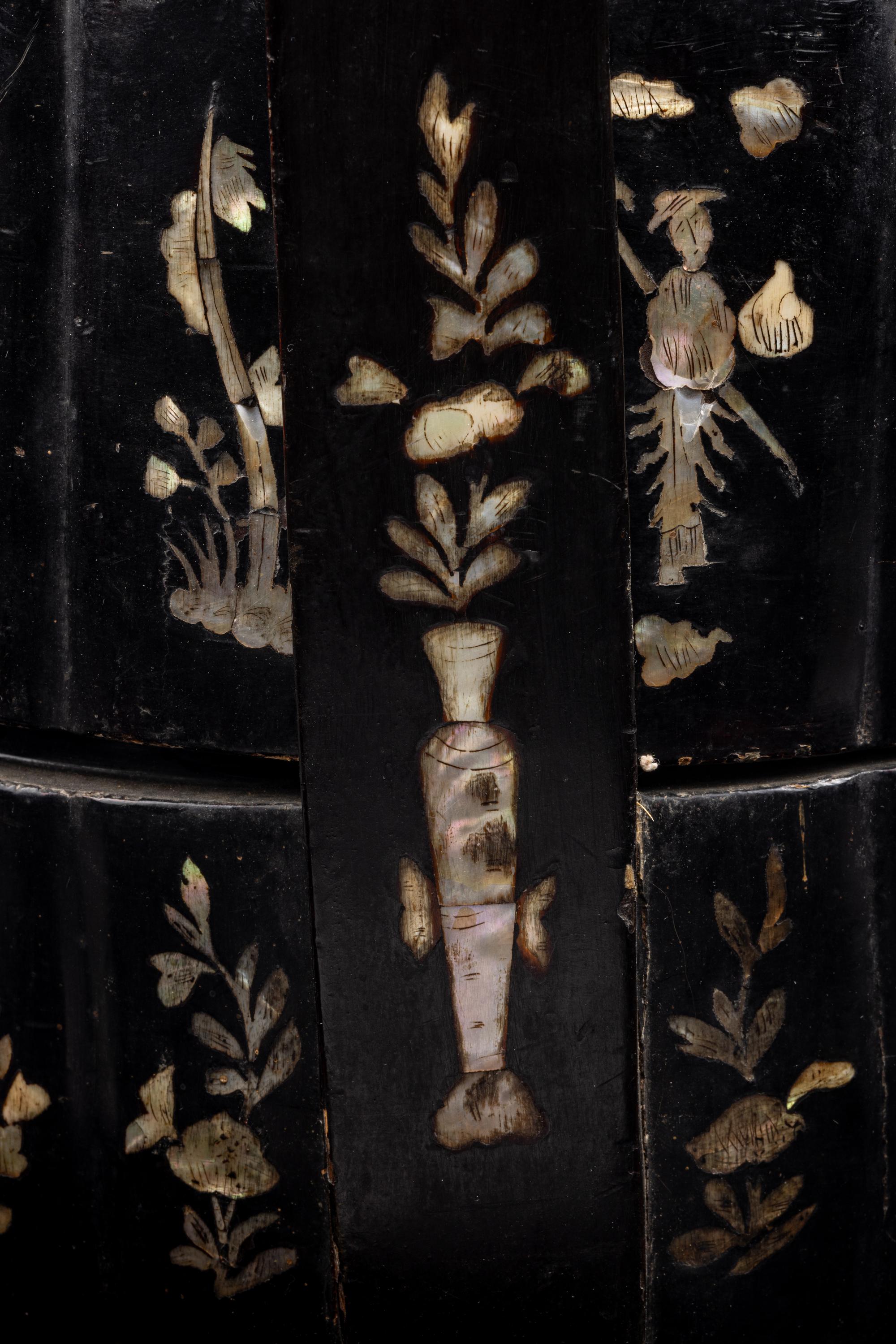 A Chinese Mother-of-Pearl Inlaid Black Lacquer Two-Tier Food Basket, Tihe