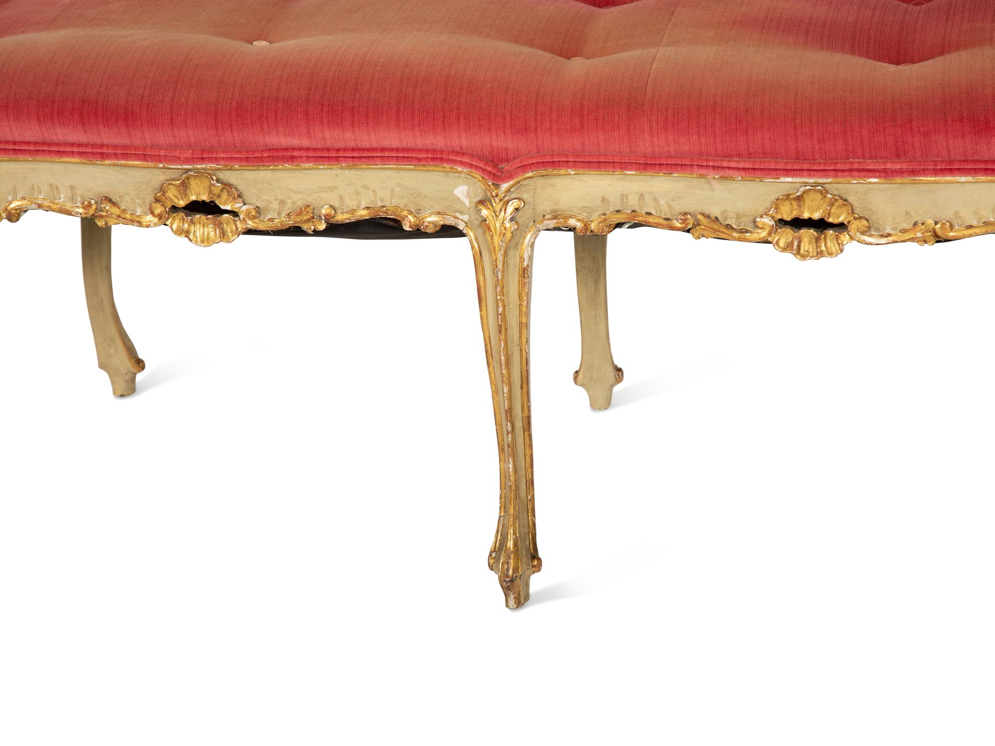 A Louis XV Style Painted and Parcel Gilt Hall Bench