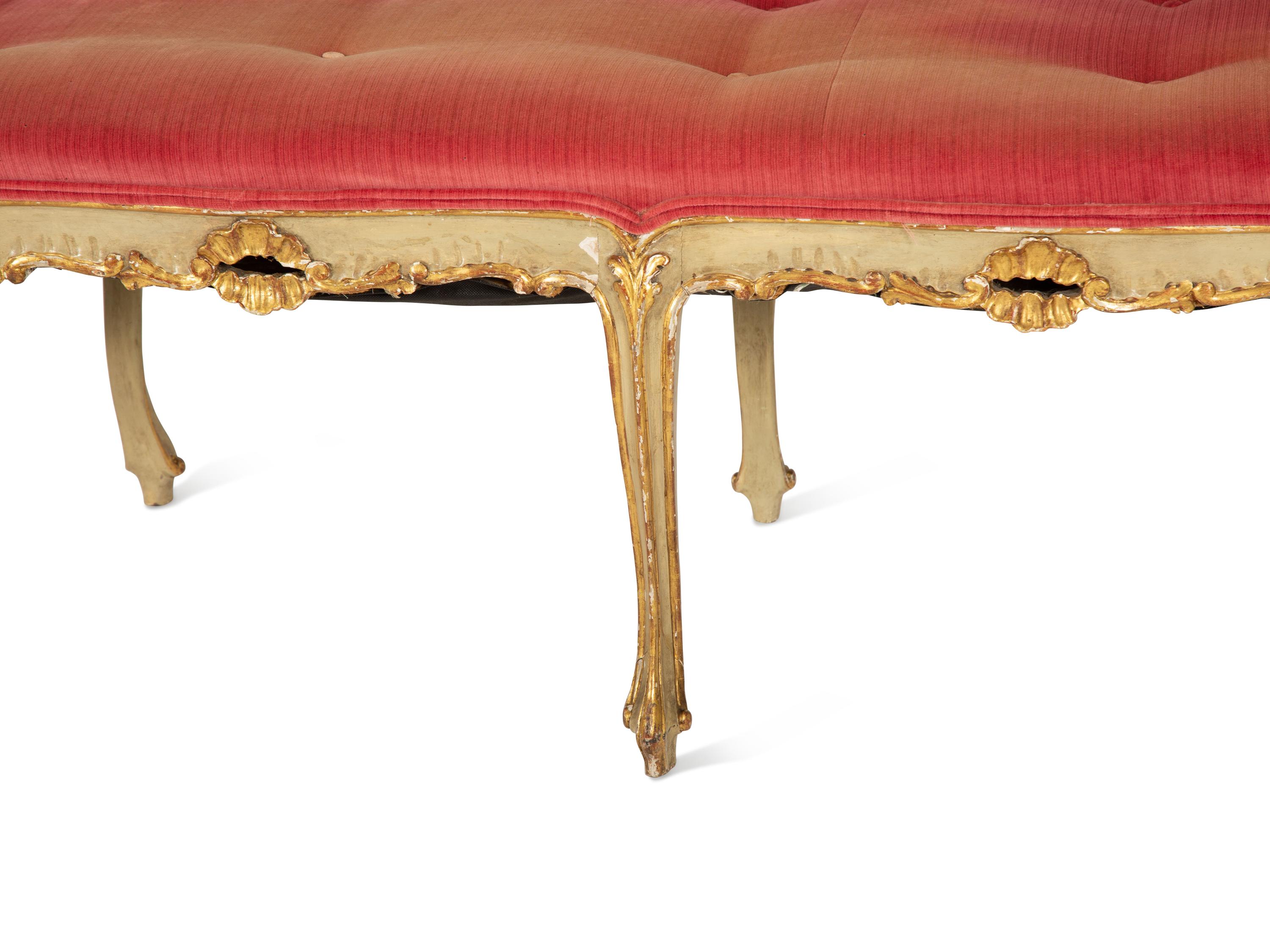 A Louis XV Style Painted and Parcel Gilt Hall Bench